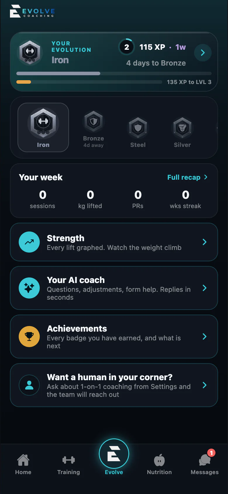 Evolve app rank, weekly stats and progress