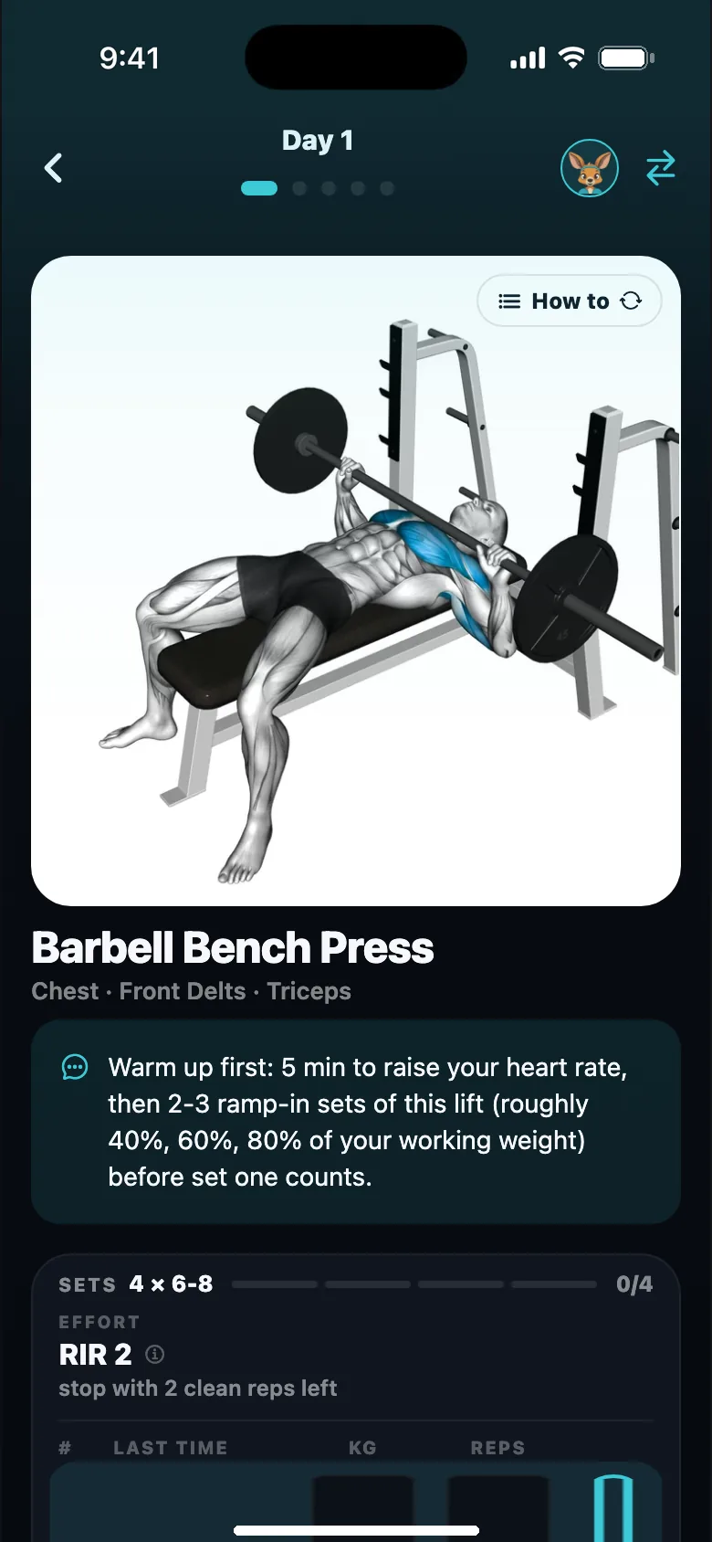 The barbell bench press screen: a 3D demo of the lift, the warm-up cue, and the sets with last time's numbers