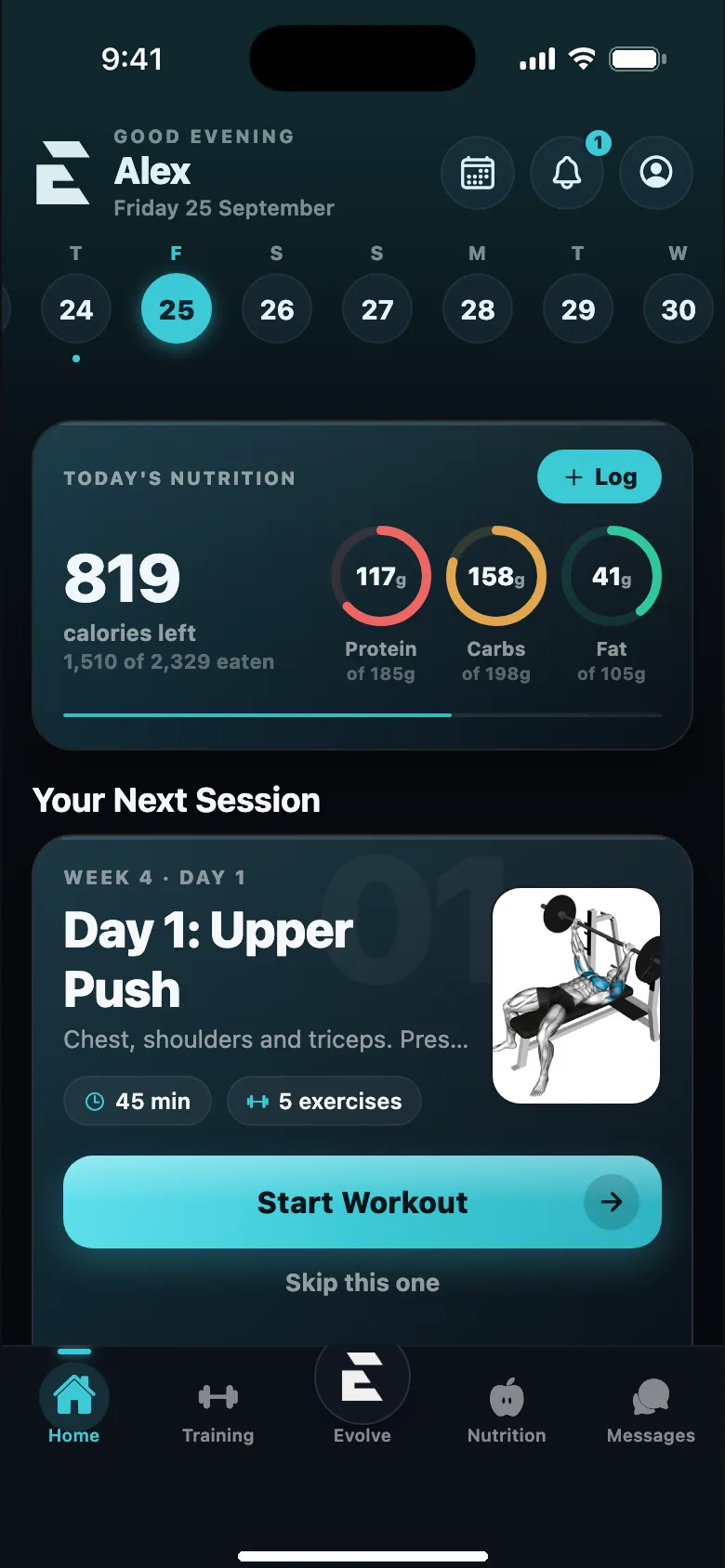 Evolve app home screen: today's session and nutrition